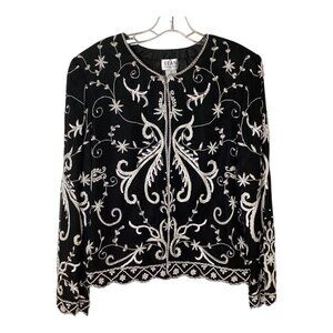 Vintage Sean Collection Black &‎ White Silk Beaded Embroidered Jacket Size 10